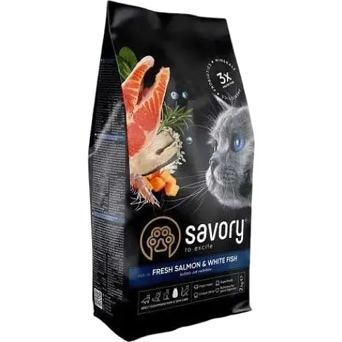 Сухий корм Savory для довгошерстих котів зі свіжим лососем і білою рибою 2 кг