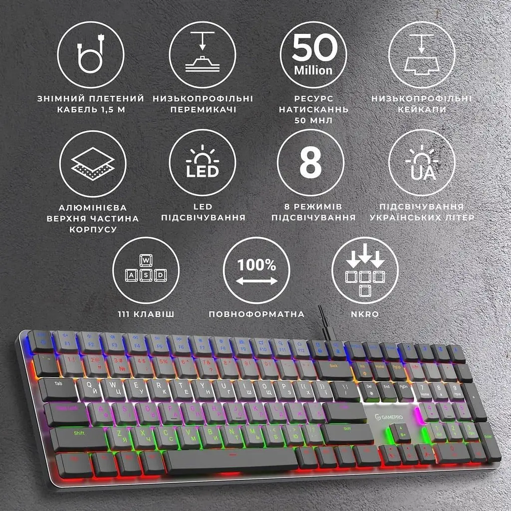 Клавіатура GamePro MK145R Red Switch Low Profile Dark Gray (MK145R) - фото 5