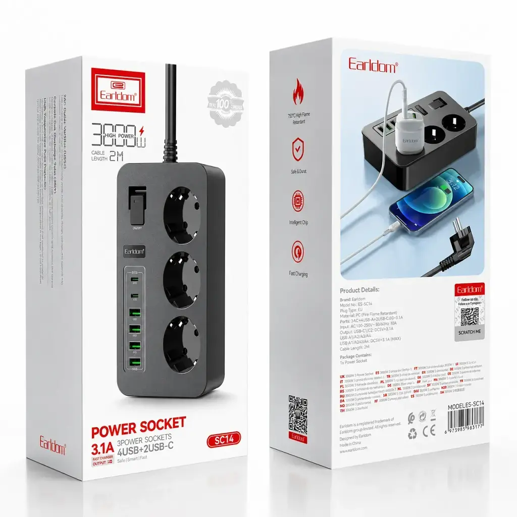 Мережевий фільтр Earldom SC14 2 м 3000W з 3 розетками, 4 USB та 2 USB-C, чорний - фото 5