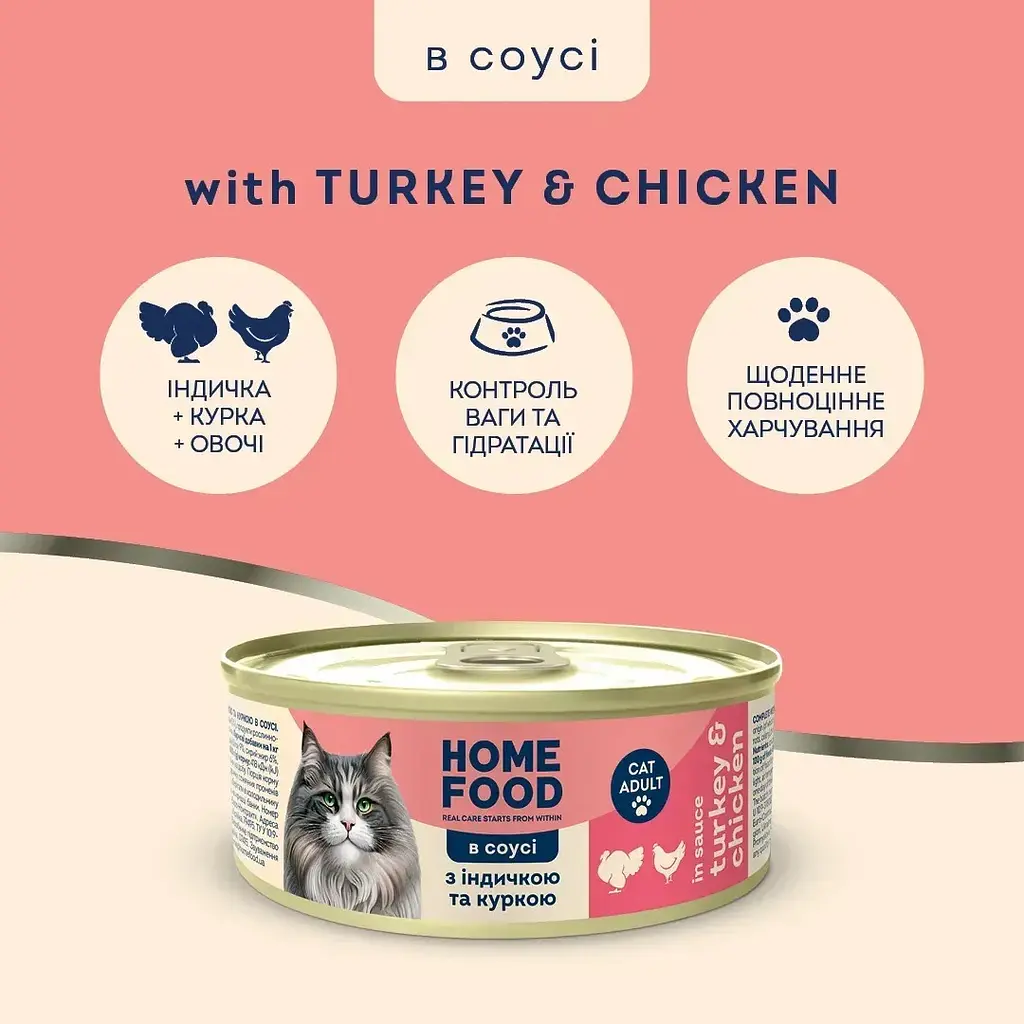 Повнораціонний консервований корм Home Food для дорослих котів з індичкою та куркою в соусі 85 г - фото 2
