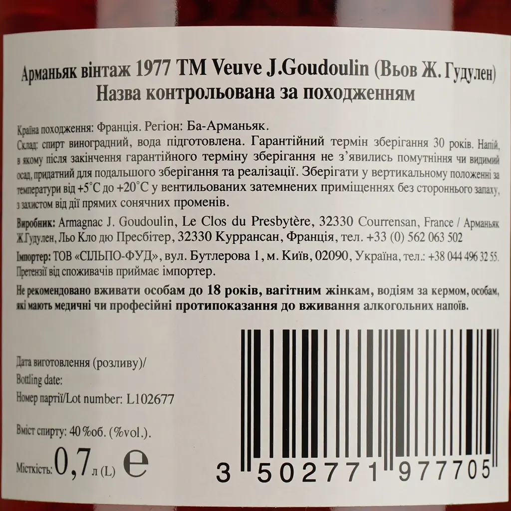 Арманьяк Veuve J. Goudoulin Bas Armagnac 1977 40% 0.7 л в подарочной коробке - фото 5