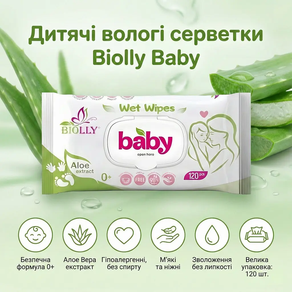 Вологі серветки для дітей Biolly Baby 120 шт. Догляд за чутливою шкірою - фото 2