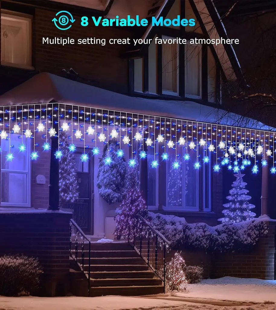 Уличная гирлянда Icicle Outdoor со снежинкой, 10,7M/35Ft 240LED Подключаемые Icicle Lights Waterproof, 8 режимов и 3 таймера - фото 5