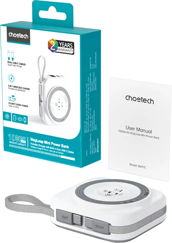 УМБ Choetech Magnetic Wireless 10000mAh 22,5W PD USB-A,USB-C,build-in USB-C,Apple Watch charger - фото 4