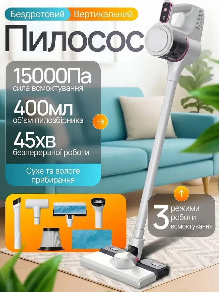 Бездротовий пилосос 4 в 1 білий для дому й авто, сухе та вологе прибирання, 4 насадки (49675836) - фото 2