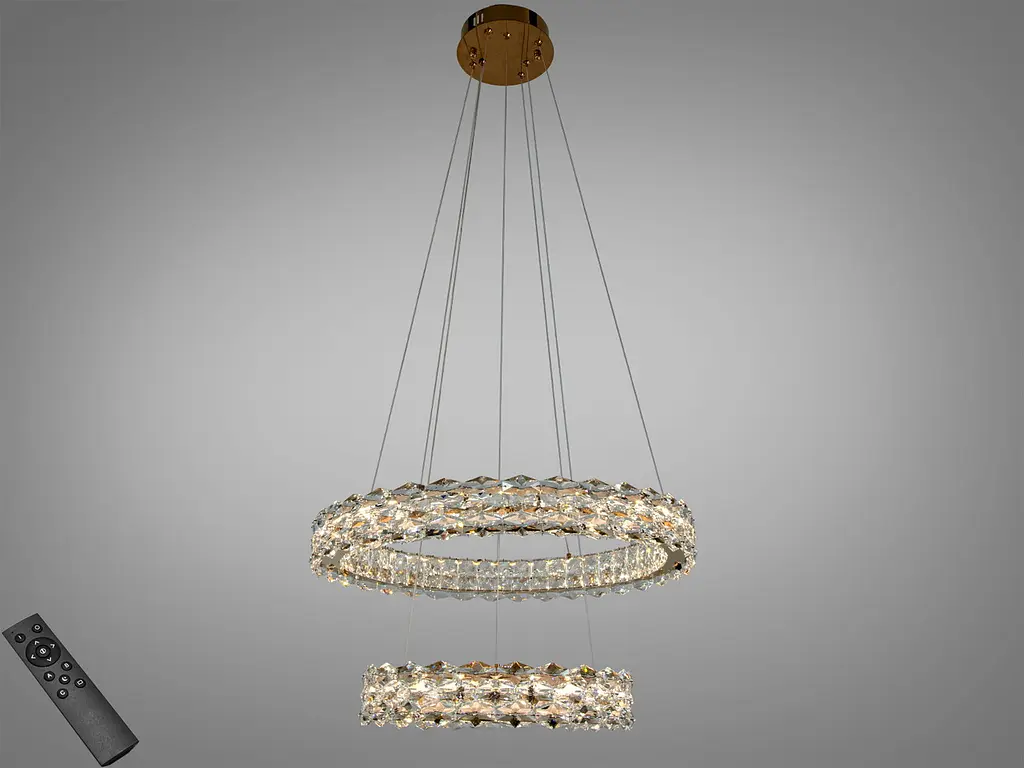 Підвісна LED люстра Diasha 7895/600+400S-gold з кришталем, золото, 54 W, з пультом, освітлення 10-18 м2 - фото 2