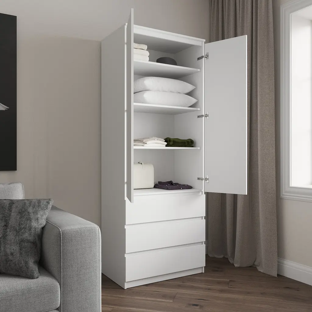 Шафа для одягу Vays R-16 Бетон-Білий фасад, 3 шухляди, полиці, без ручок, ЛДСП, 80×50×211 см – для спальні, вітальні, передпокою - фото 2