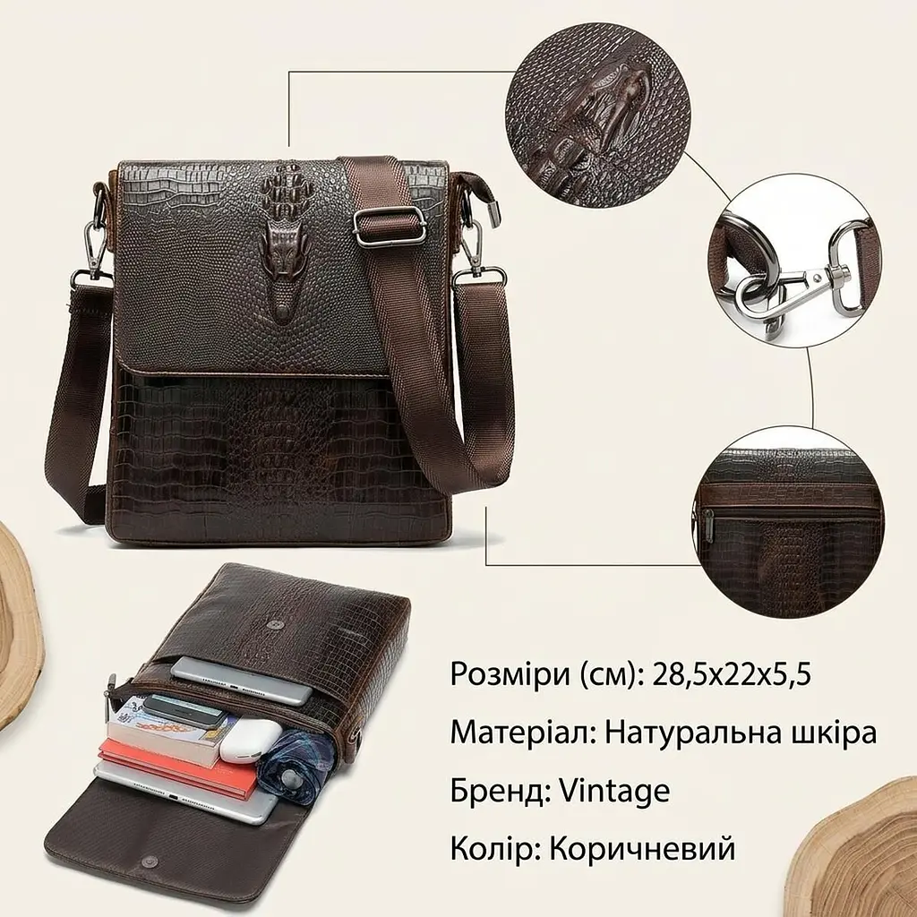 Сумка з тисненням під шкіру крокодила 20039 Vintage коричнева - фото 2