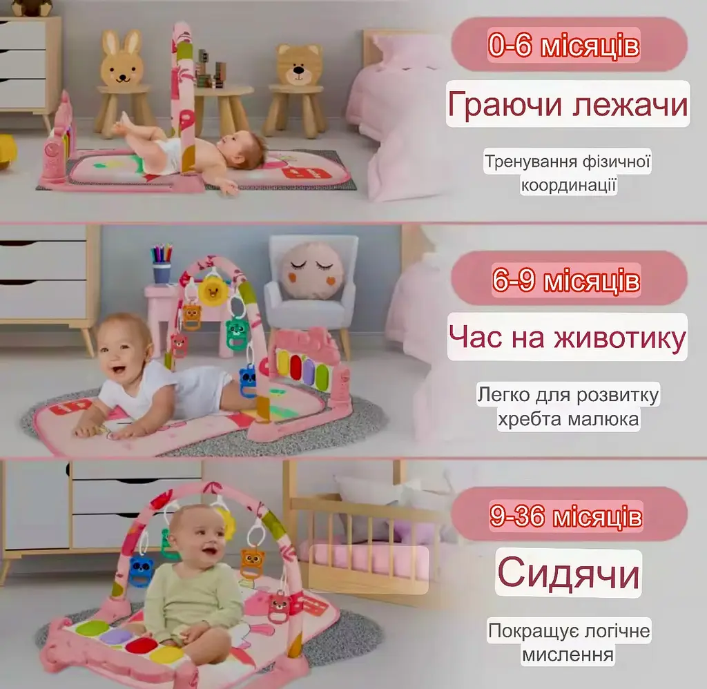 Ігровий килимок-піаніно з дугою та підвісними іграшками, 76×56 см, музичний, для немовлят - фото 3