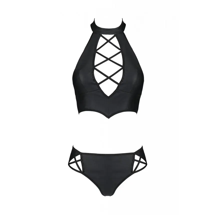 Комплект из эко-кожи: бра и трусики с имитацией шнуровки Passion Nancy Bikini, 6XL/7XL, черный - фото 3