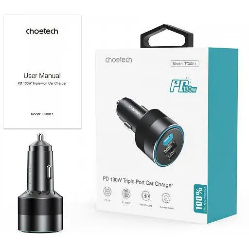 Автомобильное зарядное устройство для Choetech С0054 2xUSB-C+USB-A, 130 Вт, 5A, QC3.0/PD/PPS - фото 2