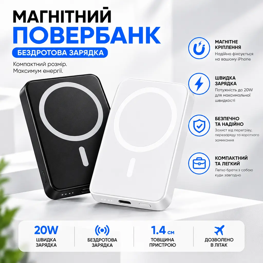 Магнітний повербанк MagSafe 5000 мА·год — ультратонкий, з двосторонньою зарядкою. Білий - фото 15