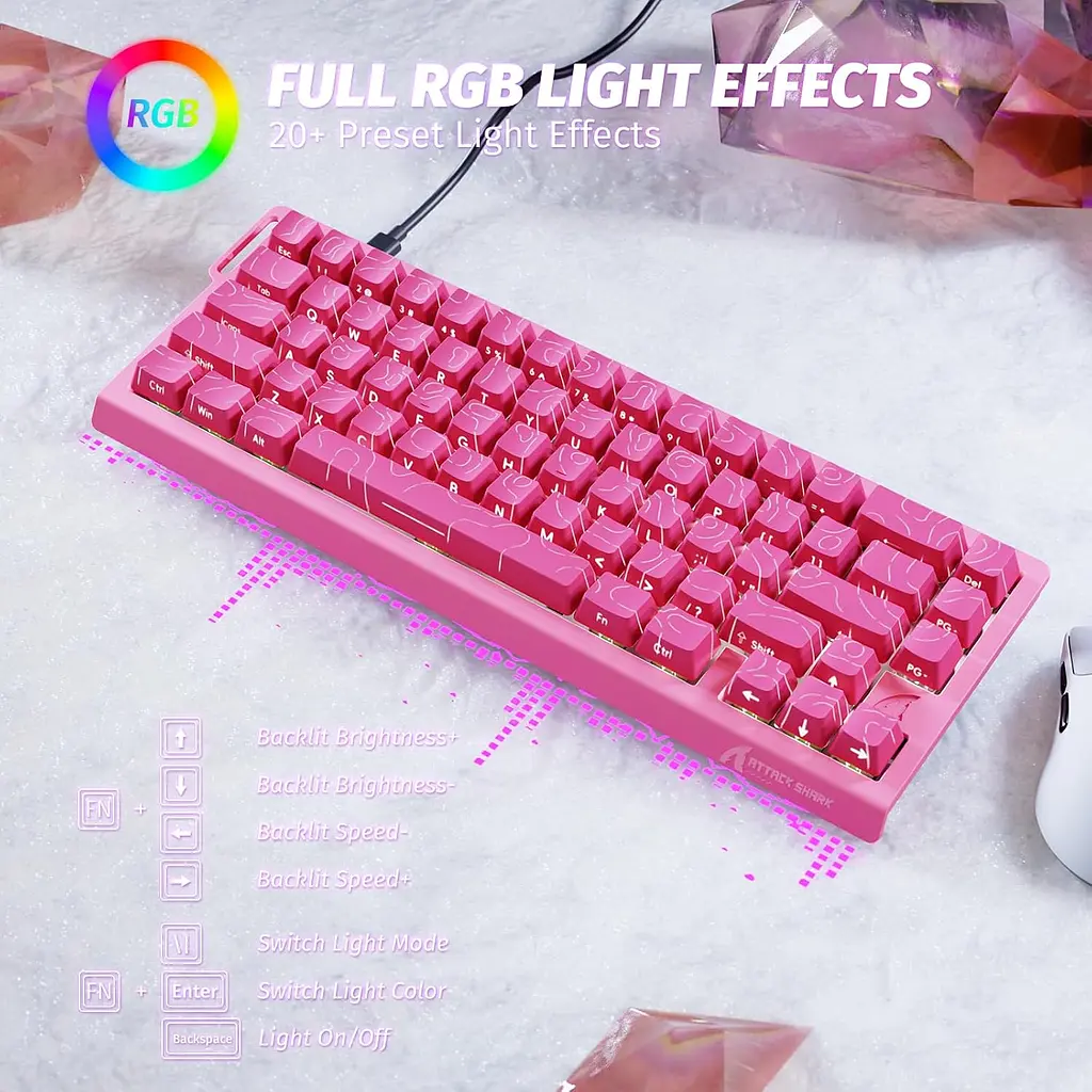 Ігрова магнітна клавіатура ATTACK SHARK X68 HE,RGB,Rapid Trigger, Рожевий - фото 4