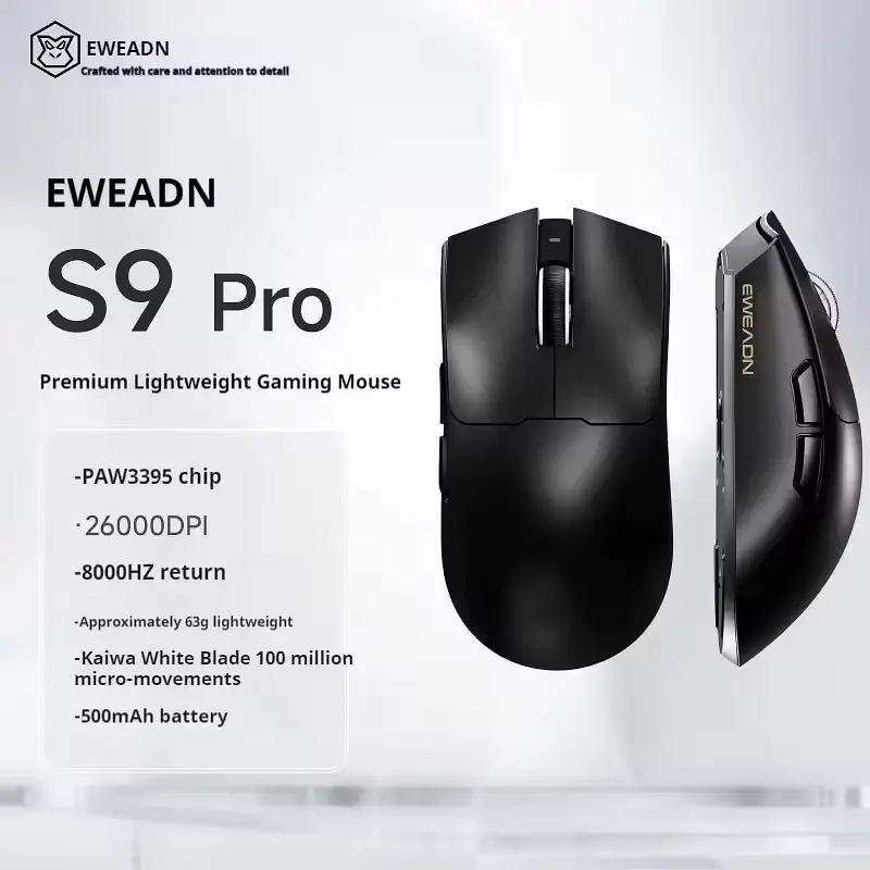 Ігрова бездротова мишка EWEADN S9 Pro / Три режими підключення / Сенсор PAW3395 / 26000 DPI / Black - фото 2