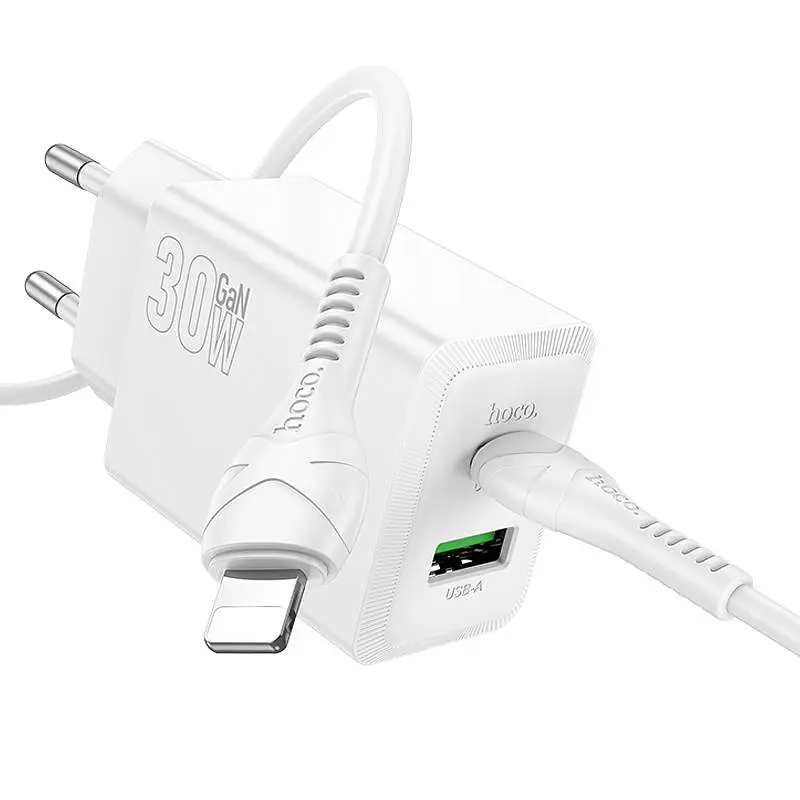 МЗП Hoco N71 Nuevo PD30W+QC3.0 (1USB-A/1C) + кабель Type-C to Lightning White - фото 2