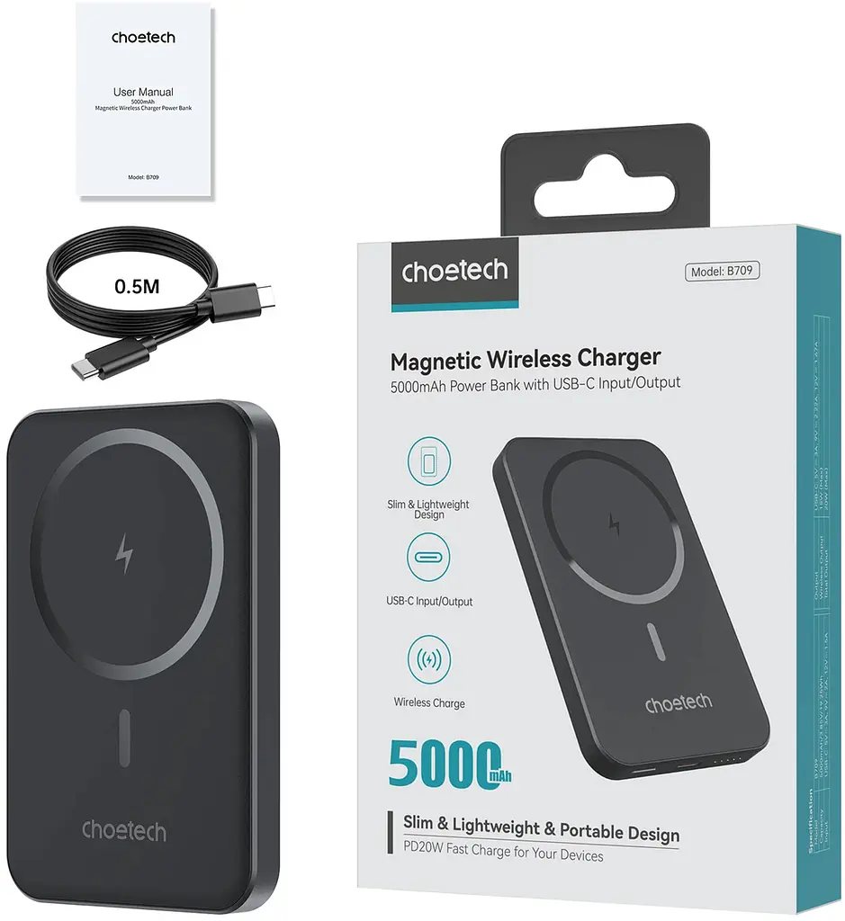 УМБ Choetech Magnetic Wireless 5000mAh 20W PD Qi-15W USB-C In/Out, тонкий, Black - фото 3
