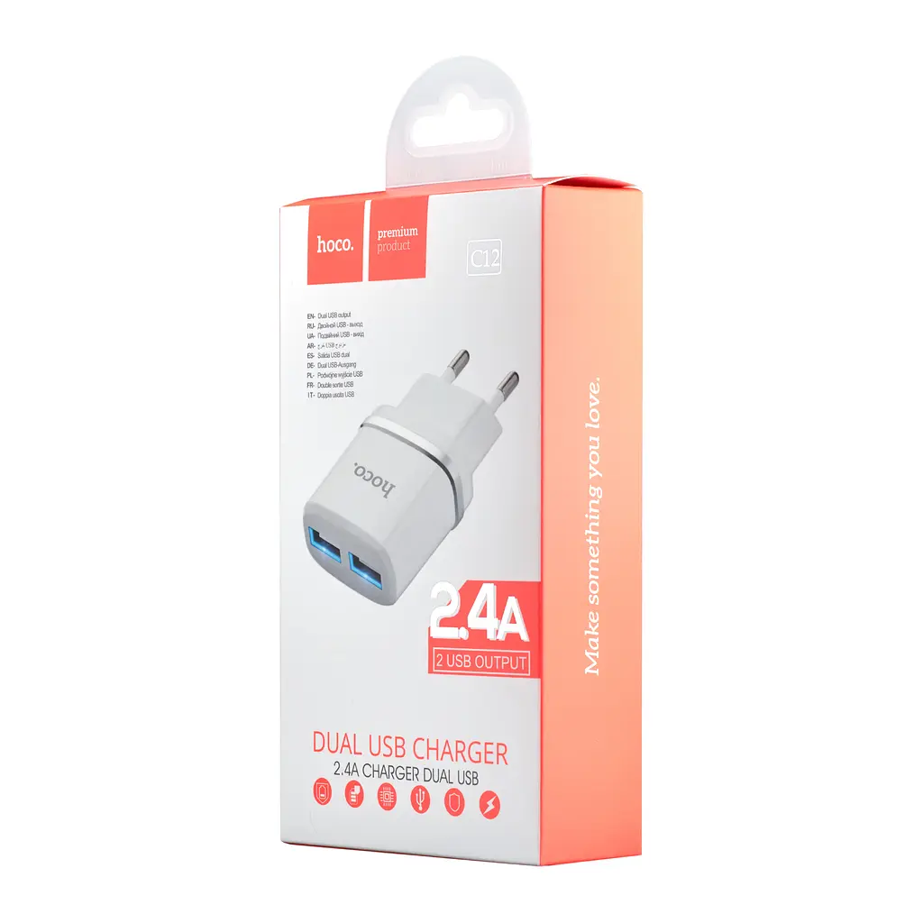 МЗП Hoco C12 Smart dual USB charger ( EU ) 2USB 2.4A White - фото 2