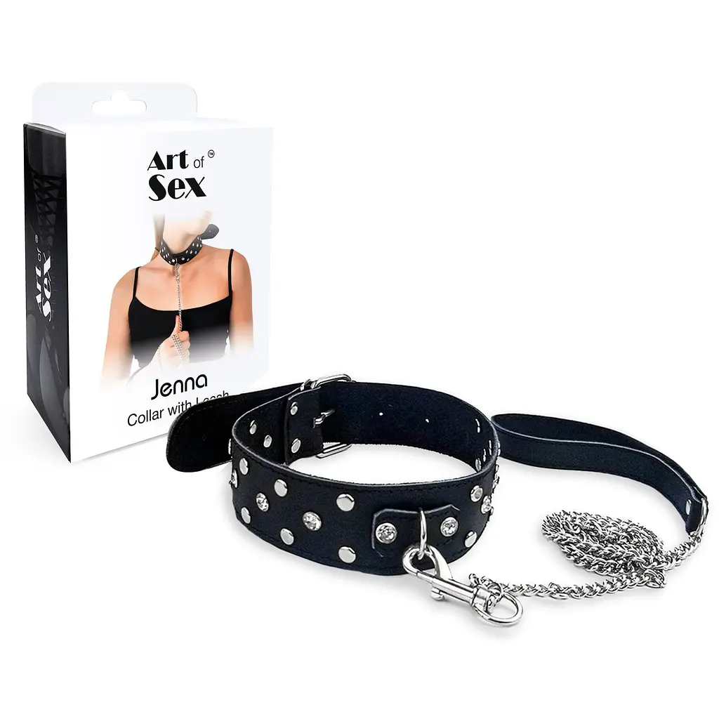 Нашийник з повідцем із натуральної шкіри із заклепками Art of Sex - Jenna Collar with Leash, чорний Art of Sex SO6698 95290 - фото 3