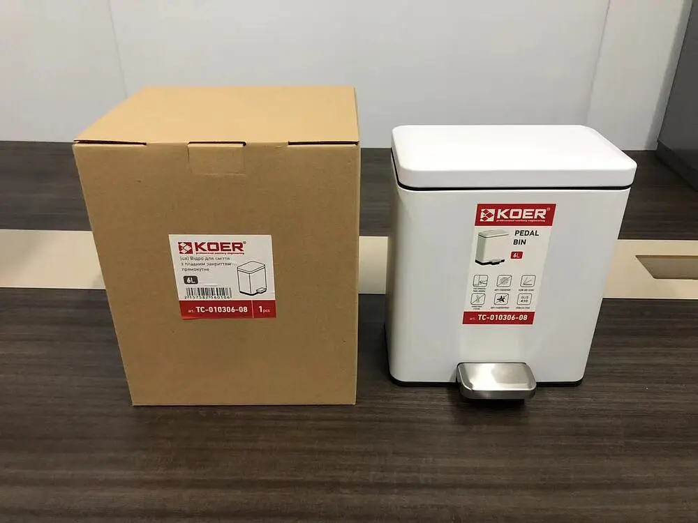 Відро для сміття з плавним закриттям прямокутне Koer TC-010306-08 6 л white KR5601, Білий матовий - фото 8