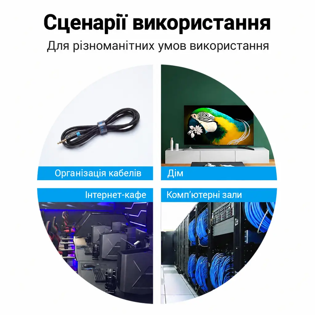 Стяжка-липучка для кабелів Vention 3 м завдовжки та 11 мм завширшки велкро Velcro для багаторазового використання з можливістю обрізання до потрібної довжини чорна (KAABI) - фото 7