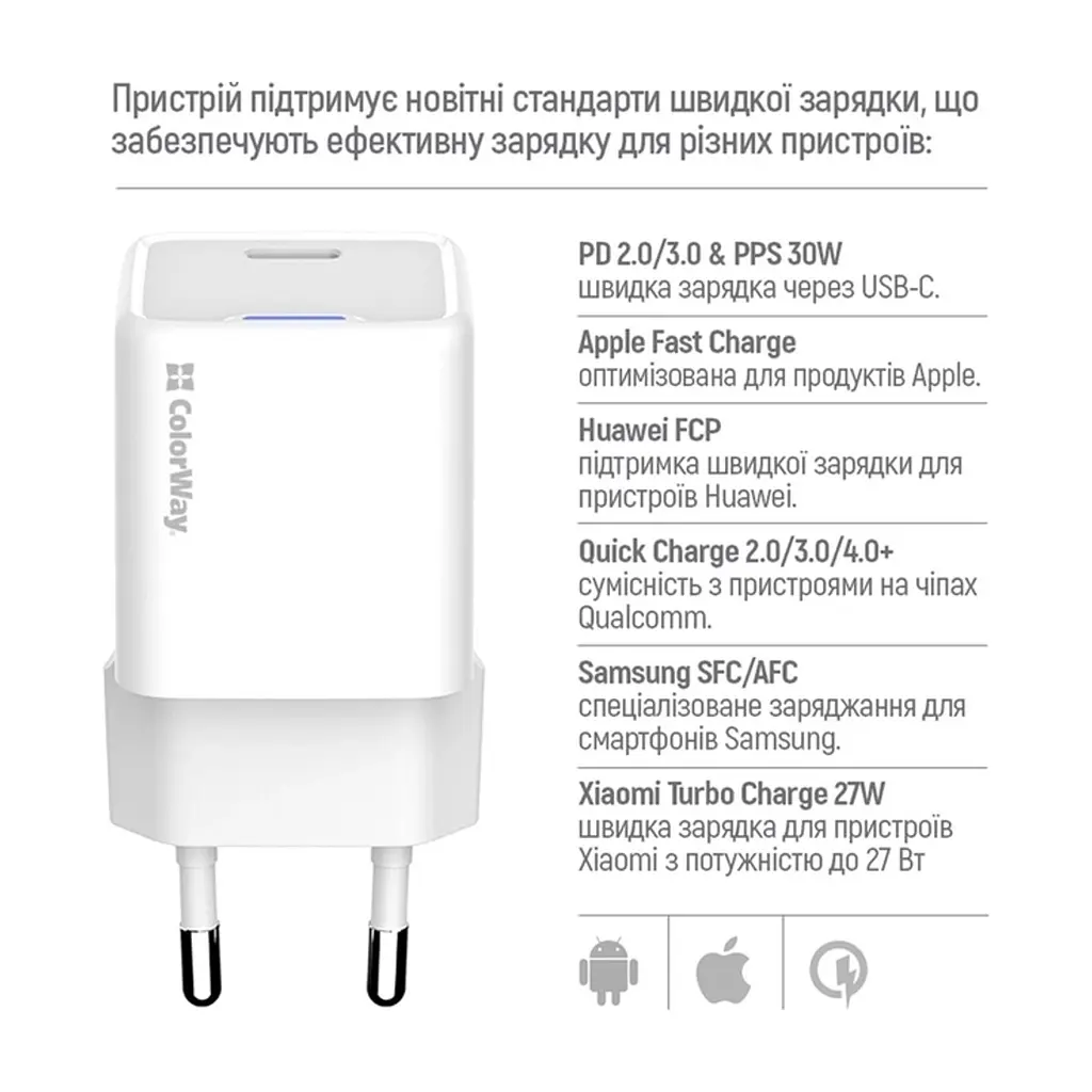 Зарядний пристрій ColorWay GaN Mini 30W PD Port PPS USB-C white (CW-CHS054PD-WT) - фото 10