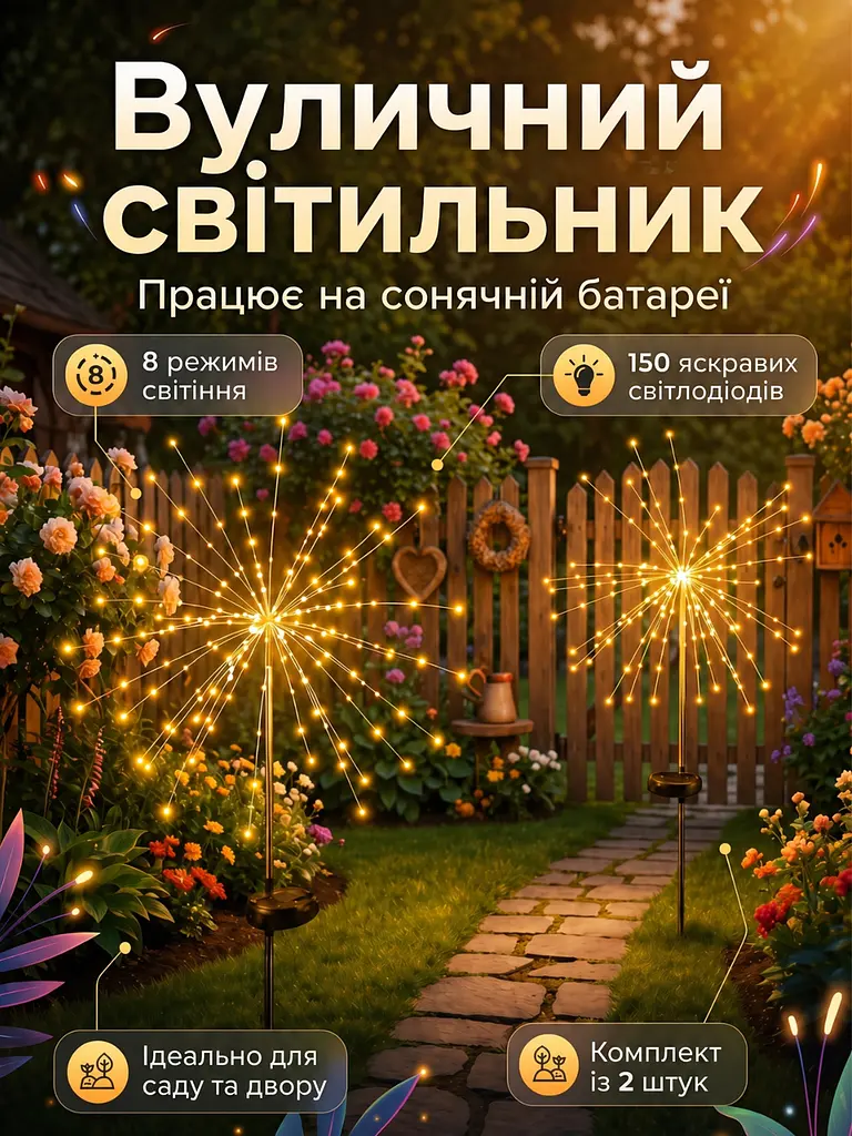Садовые светильники Фейерверк 150 LED 2 шт на солнечной батарее теплый свет, белый (49675867) - фото 2