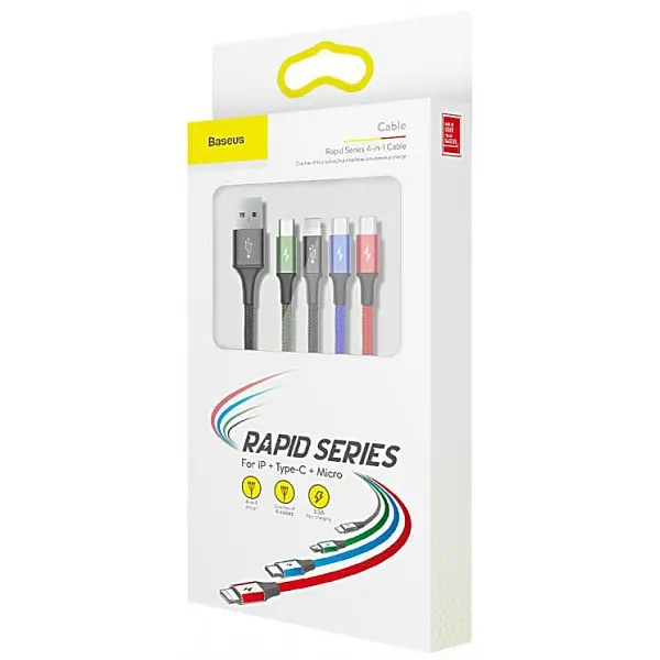 Кабель Baseus Fast 4 in 1 Cable For iP + Type-C 2 + Micro 3.5A 1.2 м Чорний - фото 2