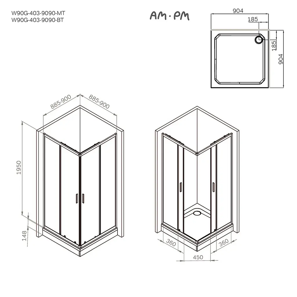 Душове огородження Square Slide AM.PM Gem 90×90 см, без піддону, чорний профіль W90UG-403-9090BT - фото 8