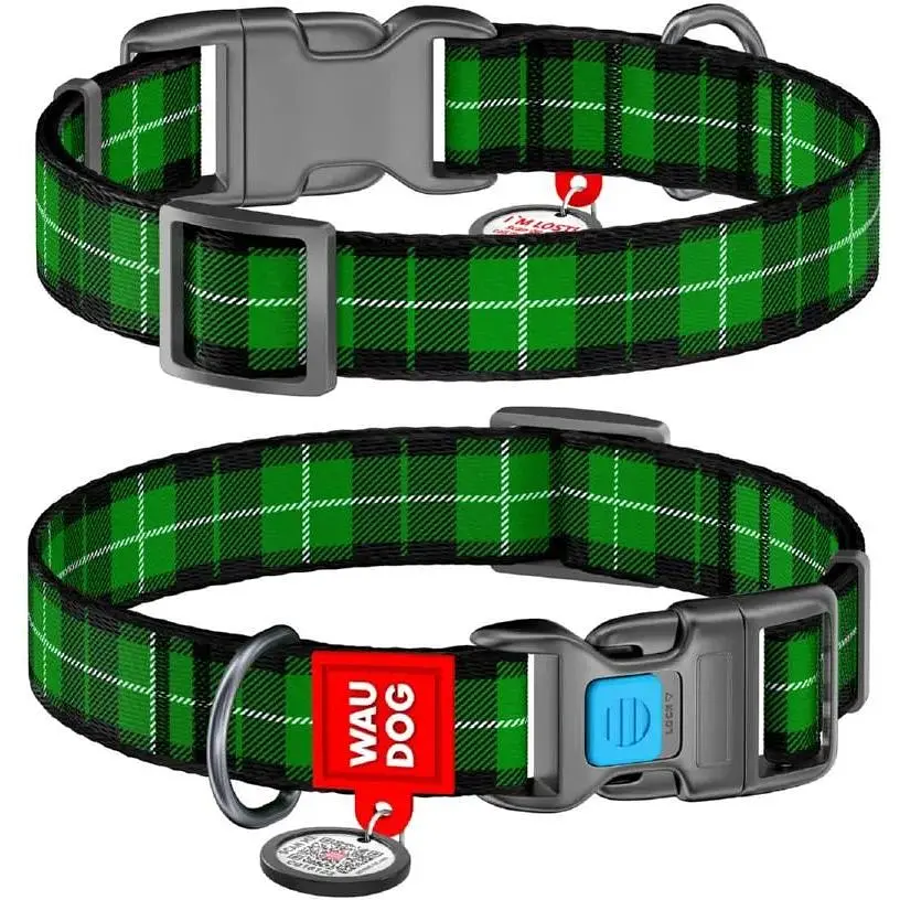 Нашийник для собак Waudog Nylon нейлоновий c QR паспортом, малюнок Шотландка зелена, пластиковий фастекс, S, Ш 15 мм, Дов 23-35 см - фото 1