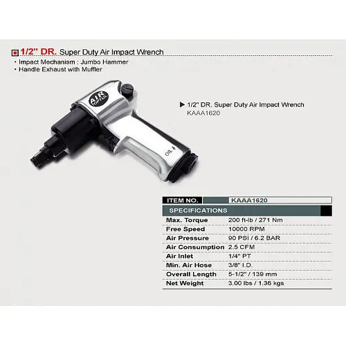 Пневмогайковерт для шиномонтажу TOPTUL 1/2" 271 N/m 10000 об/хв KAAA1620 - фото 2