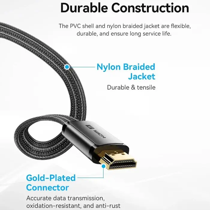 Кабель HDMI M-M, 2.0 м, V2.1, 8K 60Гц, плоский з обплетенням, Vention - фото 5