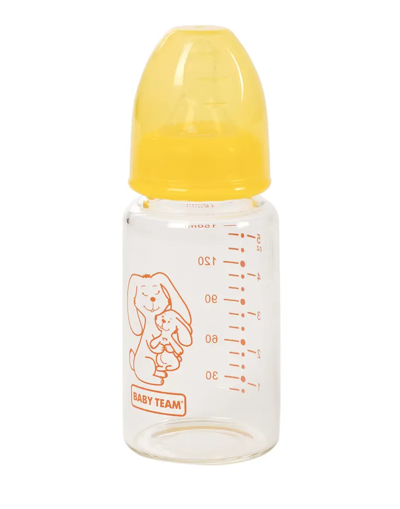 Пляшка для годування Baby Team, скляна, 150 мл, жовтий (1210_зайчик) - фото 1