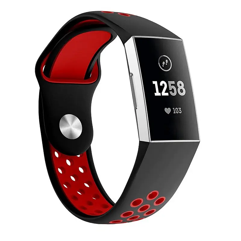 Силіконовий ремінець Primo з перфорацією для фітнес браслета Fitbit Charge 3/4 Black Red/розмір L - фото 2