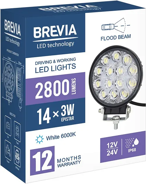 LED фара Brevia Flood Ближнє світло 10-30V 42W (14x3W) 2800Lm Алюмінієвий корпус IP68 (10651RFX1) - фото 7