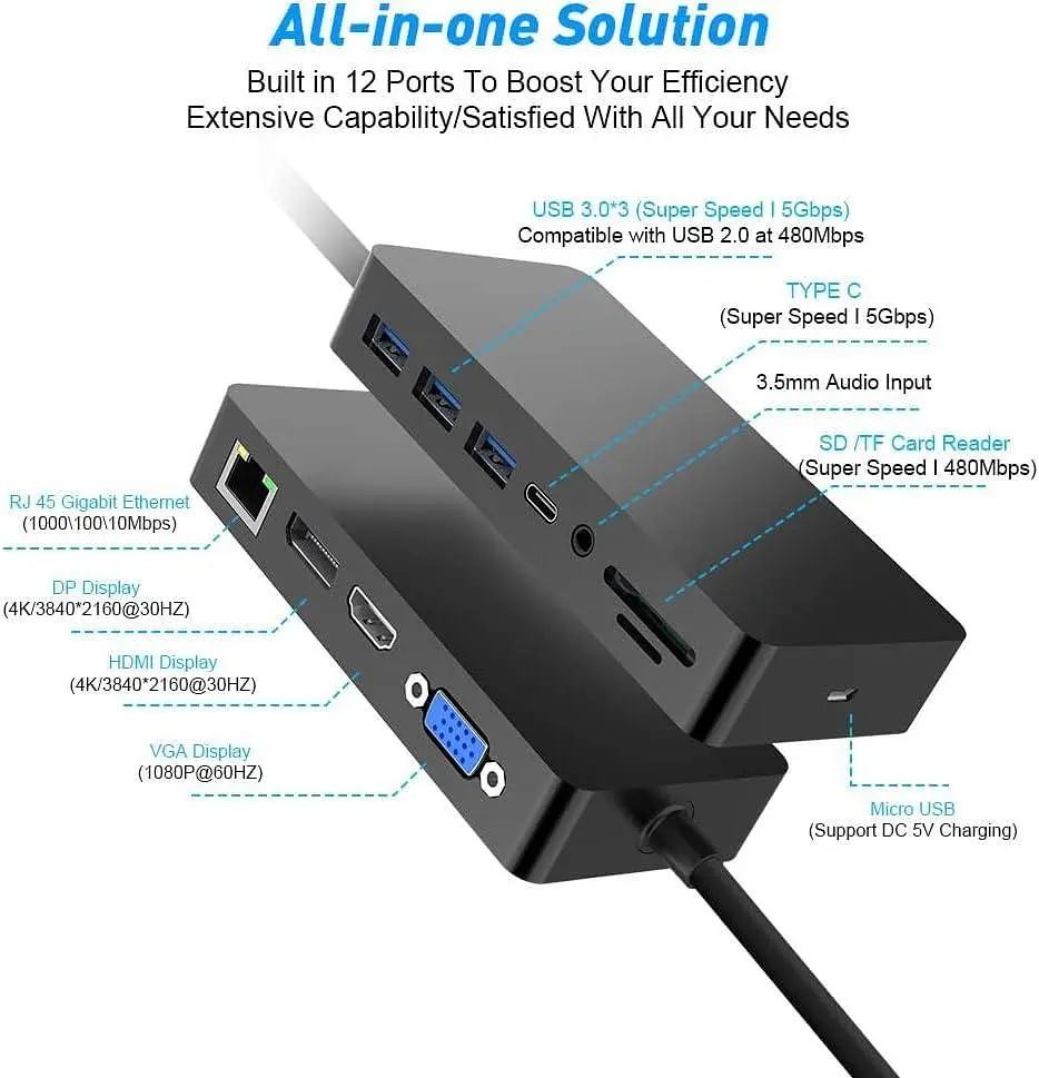 Док-станція Surface Pro для 4/5/6 USB Hub Dock Station з портом Gigabit Ethernet, портом VGA дисплея 4K HDMI DP, портами 3xUSB 3.0 - фото 3