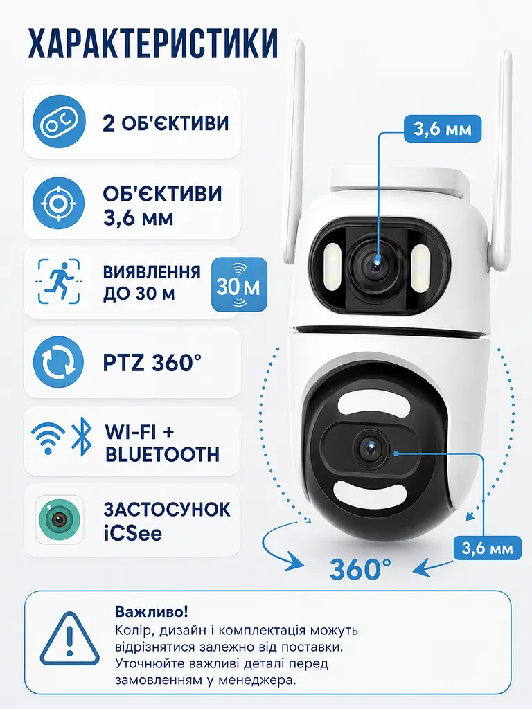 Поворотна Wi-Fi камера 360° з двома об’єктивами, PTZ, AI-детекцією до 30 м і керуванням зі смартфона, біла (49676117) - фото 3