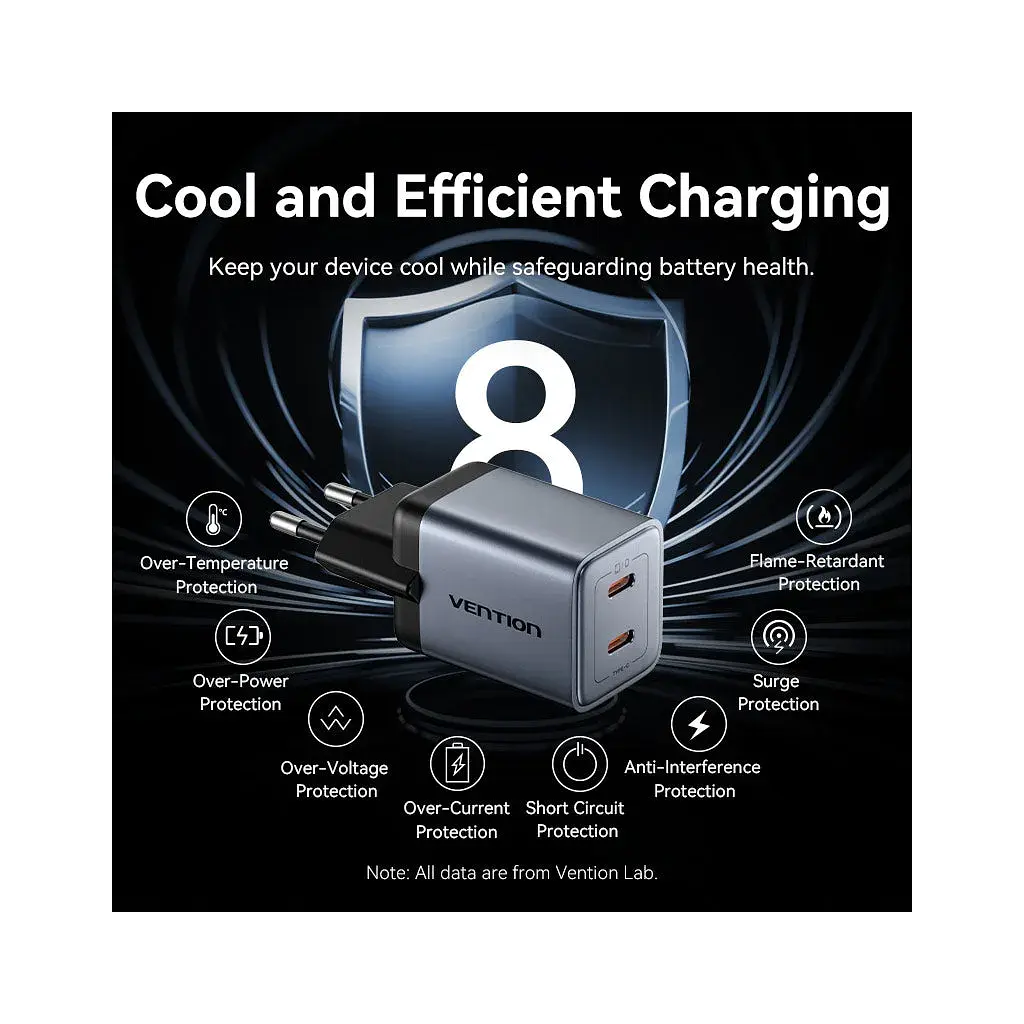 Зарядний пристрій Vention 2xUSB-C PD45W GaN + cable USB-C to USB-C 1.0m black gray (TZ-FCDH0-EU) - фото 8
