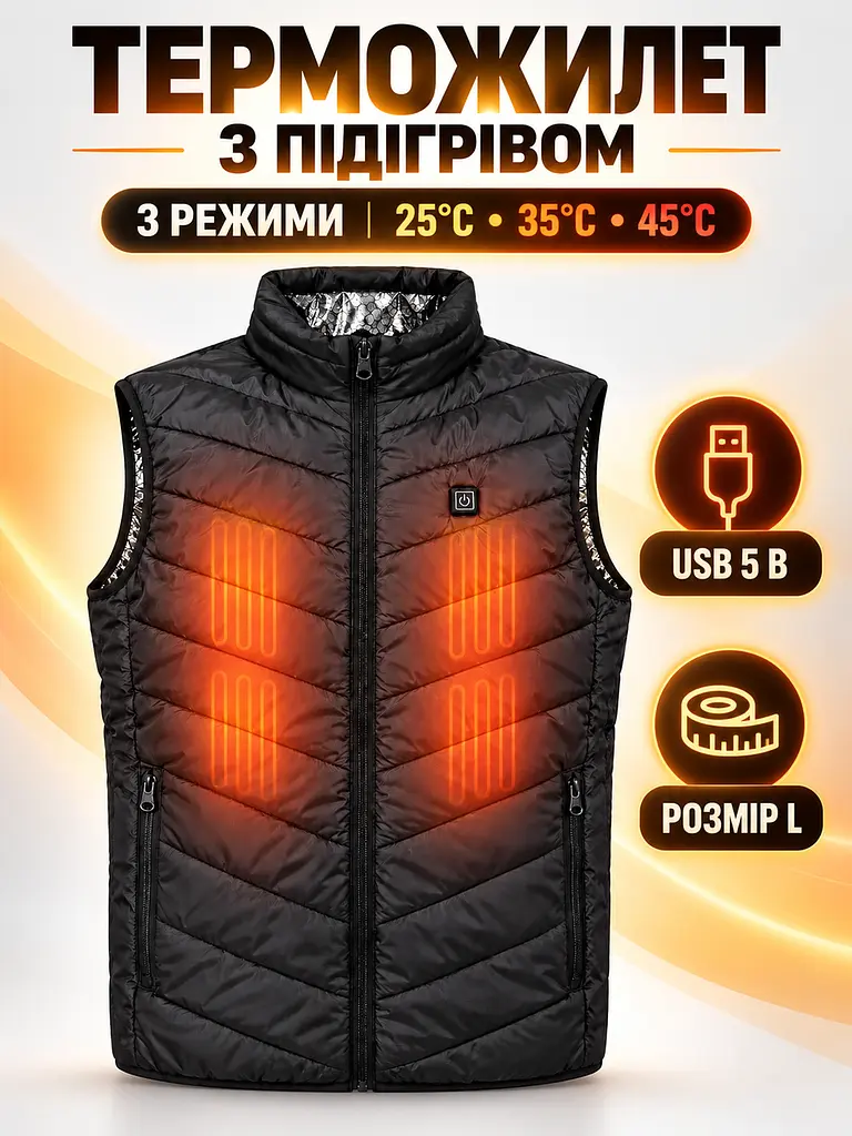 Термо-жилет з підігрівом від Power Bank USB, 3 режими, L, Чорний (49676504) - фото 2