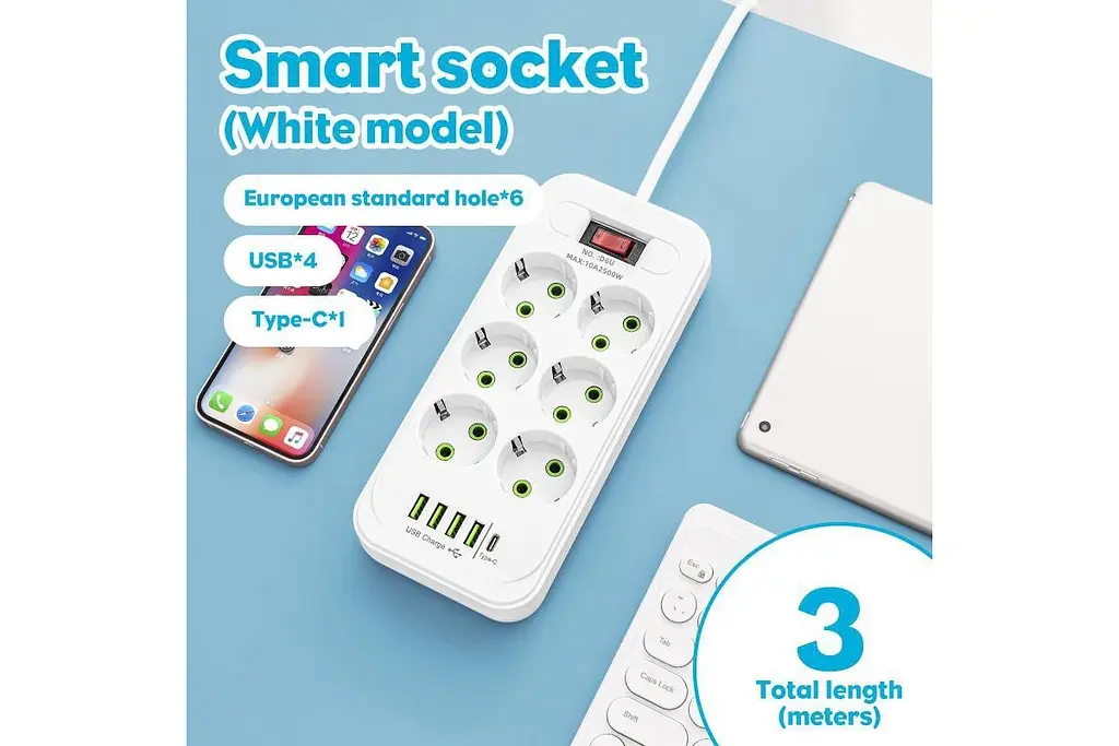 Мережевий подовжувач / фільтр / розгалужувач (D6) 6х220 V + 4хUSB + 1хType-C 3 метри - фото 2