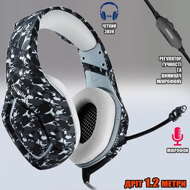 Дротові ігрові навушники Onikuma Gaming K1-B, 3.5mm, 2.2m, Camouflage-Grey - фото 6