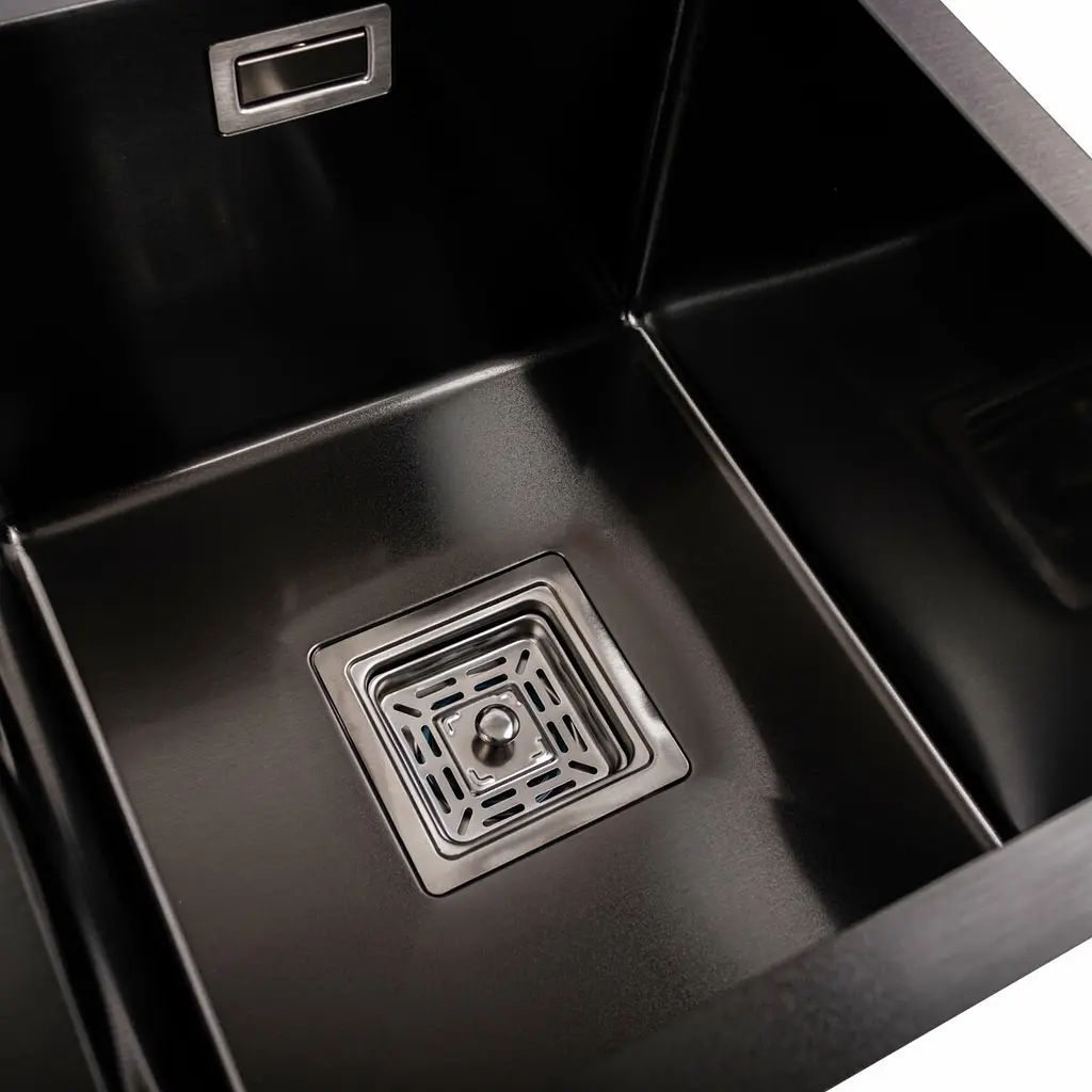 Кухонная мойка Platinum Handmade PVD HDB черная 780x430x230 на две чаши (квадратный сифон, 3.0/1.0), Черный - фото 6