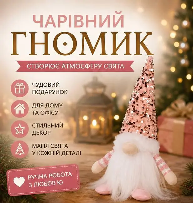 Гном новорічний з підсвічуванням декоративна фігурка з блискітками різдвяний декор рожевий - фото 4