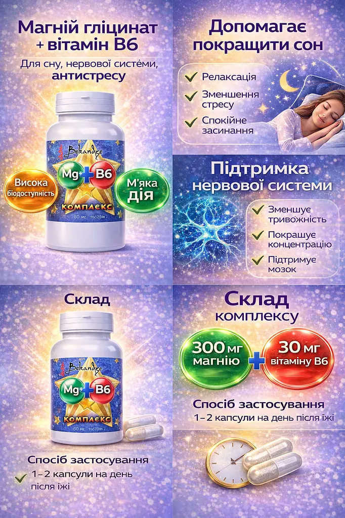 Магній гліцинат + вітамін B6, 60 капсул — 300 мг магнію і 30 мг B6 при стресі для нервової системи, зменшення втоми та сну - фото 4