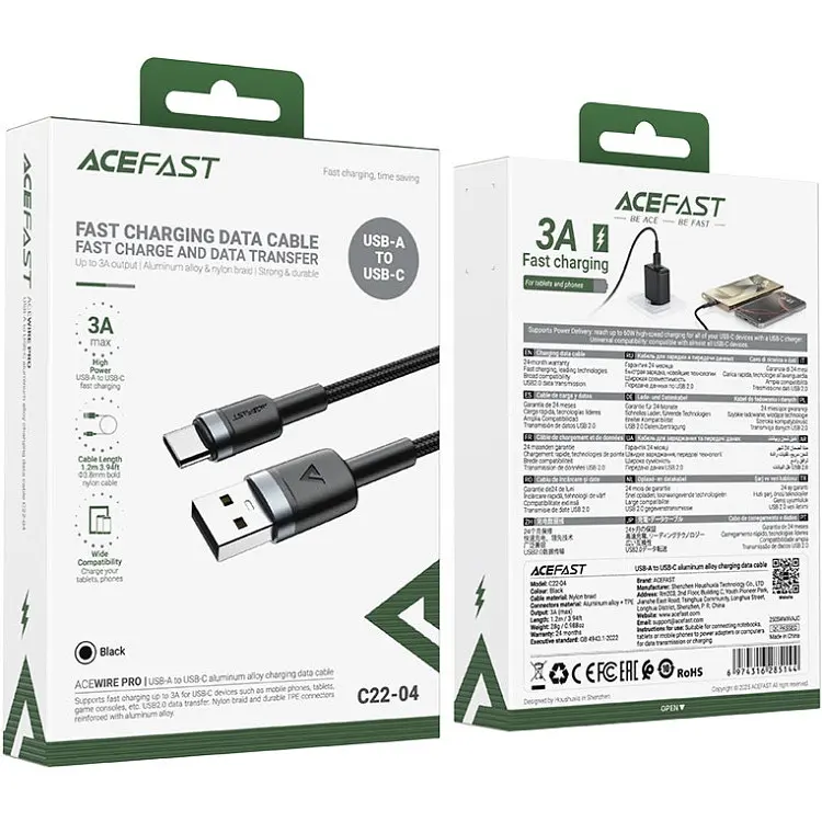 Кабель USB 2.0 AM-Type-CM, 1.2 м, 60W aluminum alloy Чорний, C22-04 Acefast - фото 4