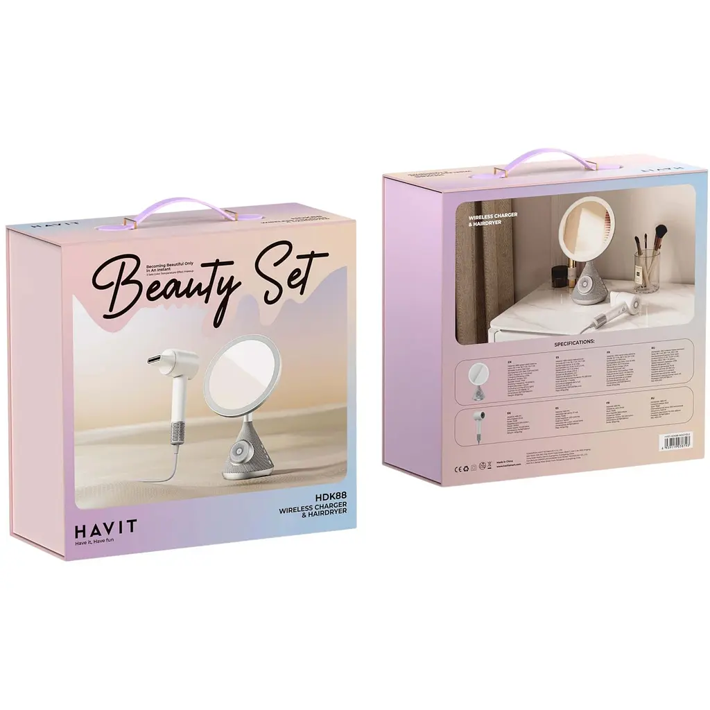 Набір Havit HDK88 Beauty Set 5 в 1 фен, дзеркало, зарядка, динамік (HV-HDK88-WHGY) - фото 11