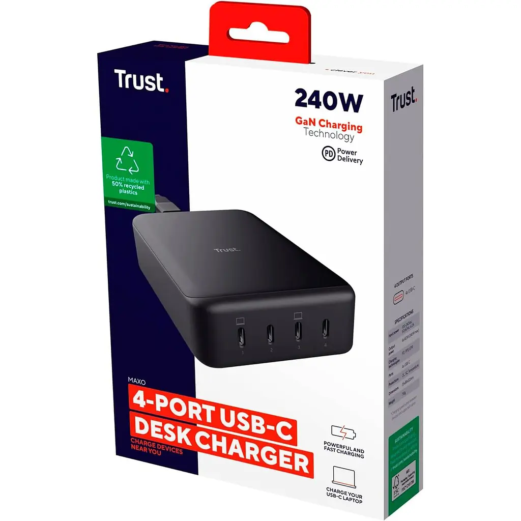 Зарядний пристрій Trust Maxo 240Вт,GaN, 4xUSB-C,PD, чорний (25413_TRUST) - фото 6