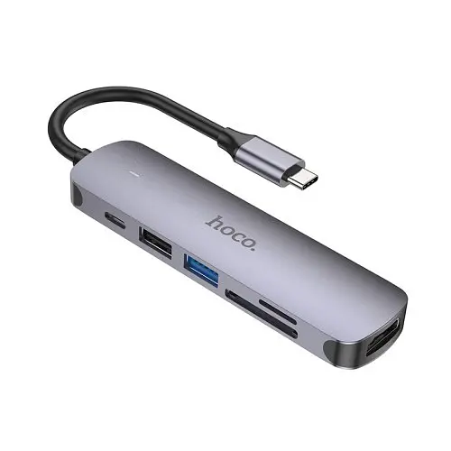 Type-C(PD) HUB Hoco HB28 Type-C multi-function converter (HDTV+USB3.0+USB2.0+SD+TF+PD) Metal Grey - фото 6