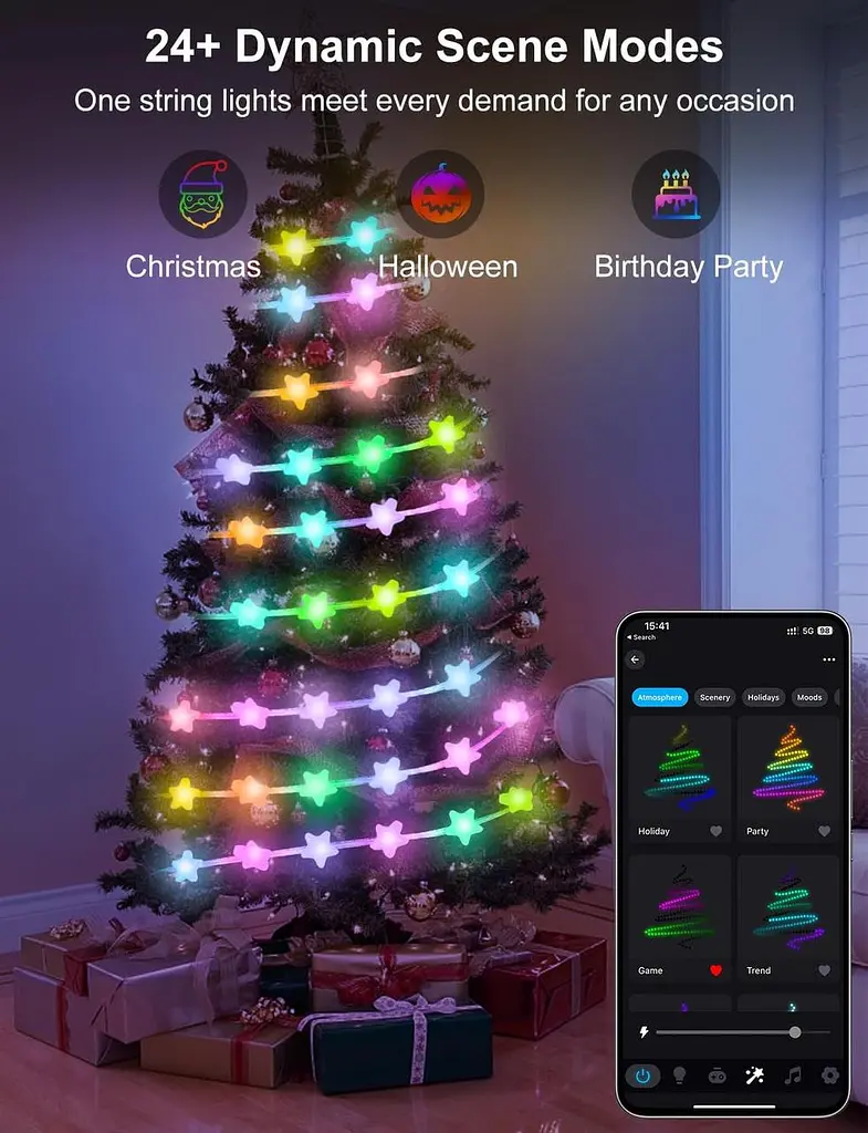 Розумна зіркова Гірлянда, 10 м RGB Інтегрований Чип 66 Світлодіодних Гірлянд для приміщень із застосунком і пультом - фото 7