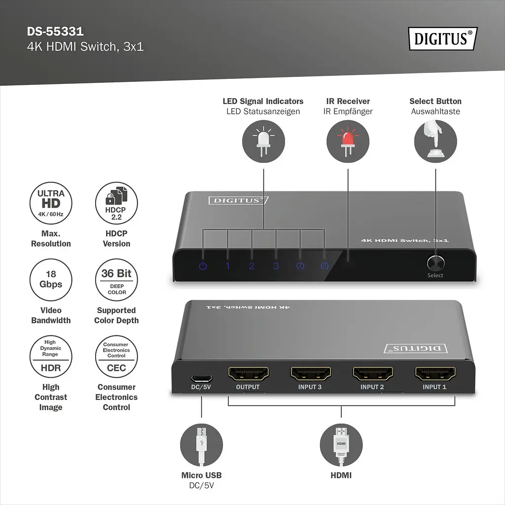 Відеокомутатор Digitus UHD HDMI (INx3 – OUTx1), 4K - фото 9