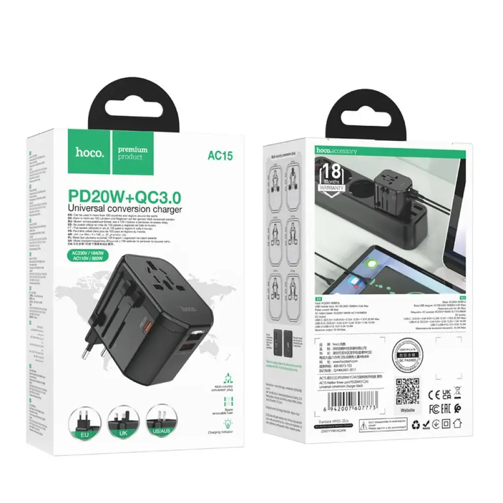 Універсальний зарядний пристрій Hoco AC15 Walker Three-Port PD20W(1C2A) Universal Conversion Charger Black - фото 6